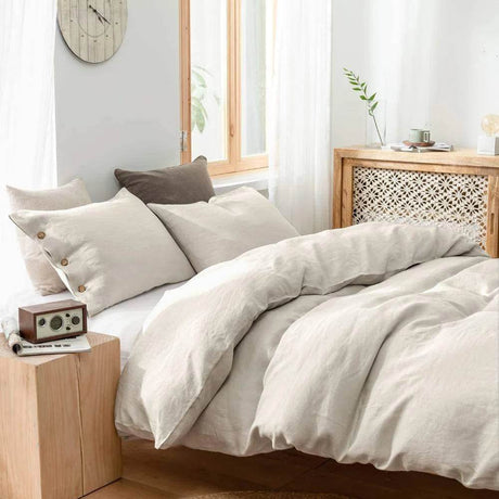 Simple&Opulence 100% Linen 3Pcs Bedding Set Natural Flax Breathable King Size with Coconut Button Comforter Duvet Cover Set - Sleep Galleria