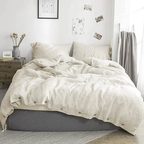 Simple&Opulence 100% Linen 3Pcs Bedding Set Natural Flax Breathable King Size with Coconut Button Comforter Duvet Cover Set - Sleep Galleria