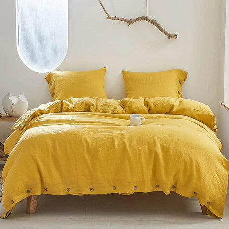 Simple&Opulence 100% Linen 3Pcs Bedding Set Natural Flax Breathable King Size with Coconut Button Comforter Duvet Cover Set - Sleep Galleria