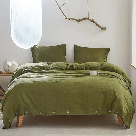 Simple&Opulence 100% Linen 3Pcs Bedding Set Natural Flax Breathable King Size with Coconut Button Comforter Duvet Cover Set - Sleep Galleria