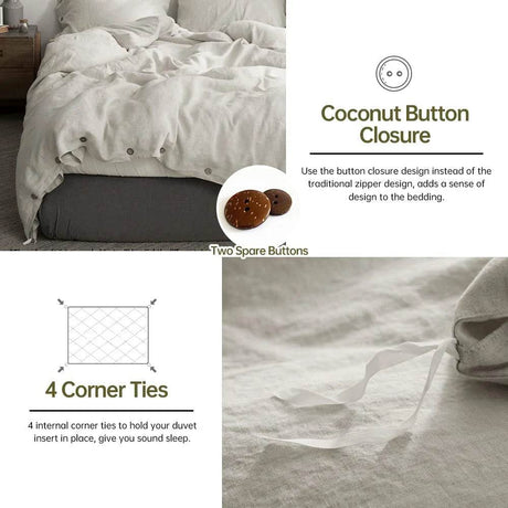 Simple&Opulence 100% Linen 3Pcs Bedding Set Natural Flax Breathable King Size with Coconut Button Comforter Duvet Cover Set - Sleep Galleria