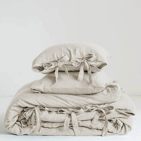 Simple&Opulence 100% Linen Bedding Set 3Pcs Natural Flax Breathable King Size with Tie Closure Pillowcase Duvet Cover Sheet - Sleep Galleria