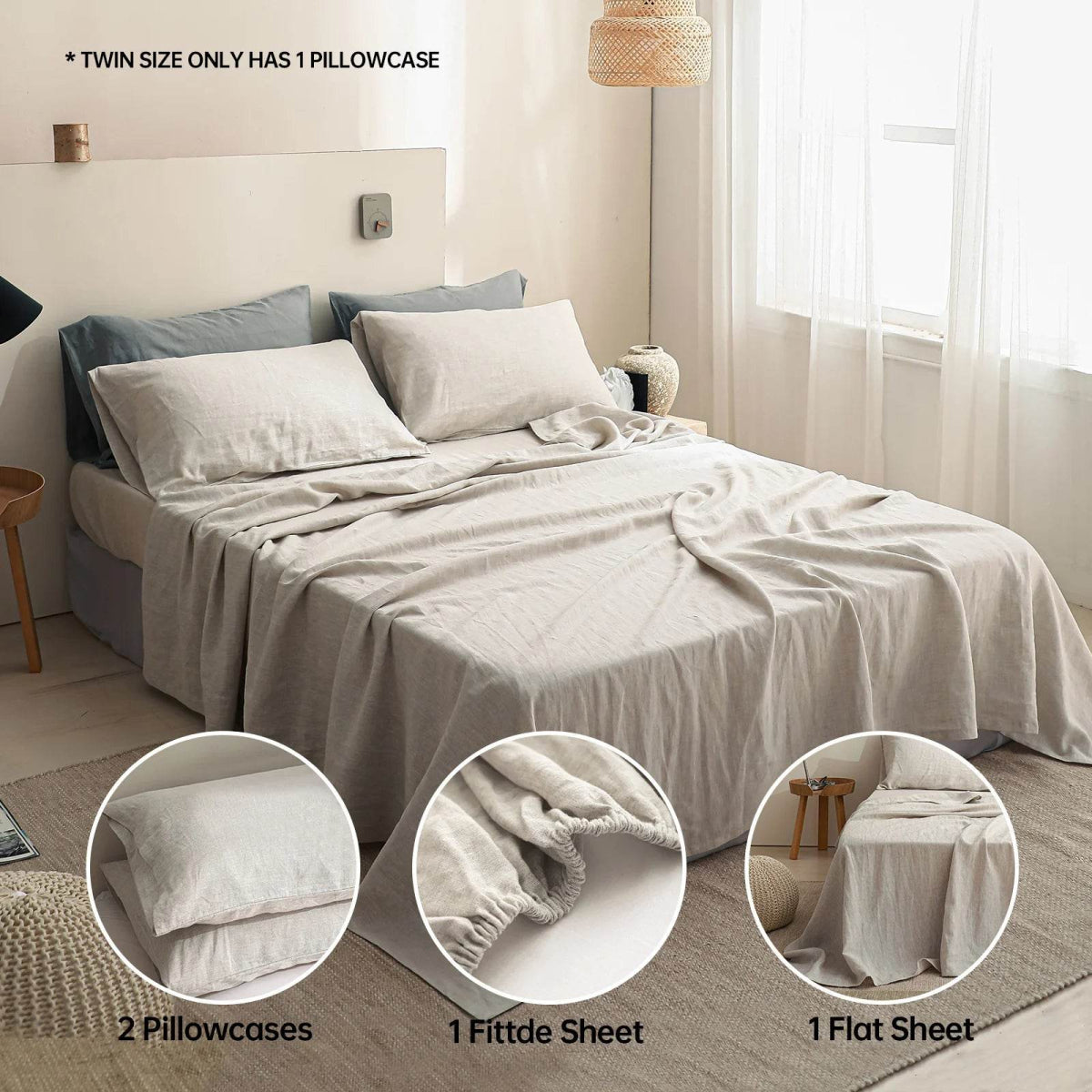 Simple&Opulence 3/4 Pcs 100% Bed Linen Sheet Set Basic Style Washed Natural French Flax Soft Breathable Comforter Sheets Sets - Sleep Galleria