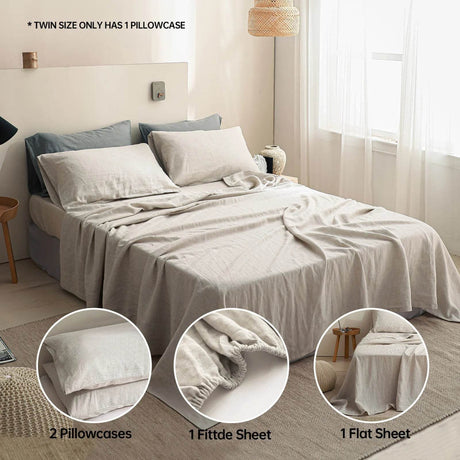 Simple&Opulence 3/4 Pcs 100% Bed Linen Sheet Set Basic Style Washed Natural French Flax Soft Breathable Comforter Sheets Sets - Sleep Galleria