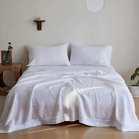 Simple&Opulence 3/4 Pcs 100% Bed Linen Sheet Set Embroidery Washed Natural French Flax Soft Breathable Comforter Sheets Sets - Sleep Galleria