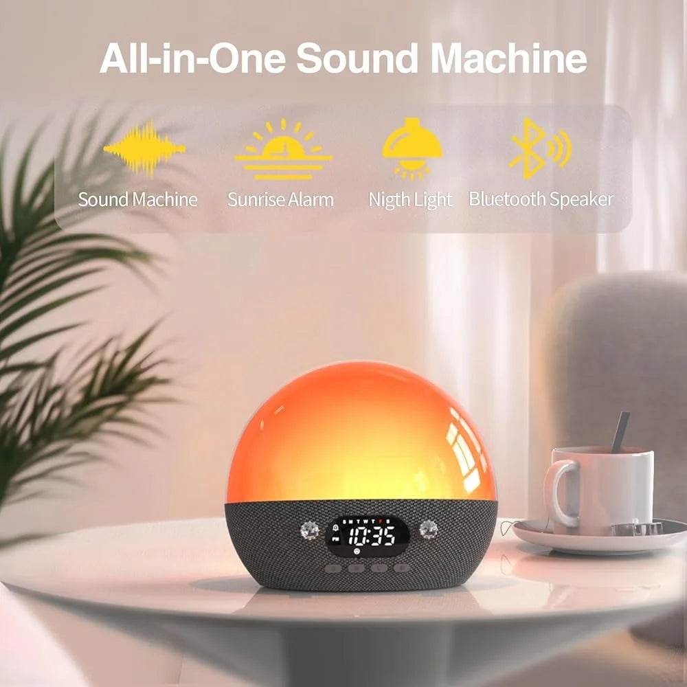 Sunrise Alarm Clock Bluetooth Speaker White Noise Machine Dual Alarms Snooze Function Dimmable Night Light Heavy Sleepers - Omega Lifestyles