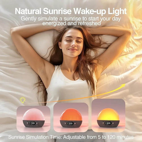 Sunrise Alarm Clock Bluetooth Speaker White Noise Machine Dual Alarms Snooze Function Dimmable Night Light Heavy Sleepers - Omega Lifestyles
