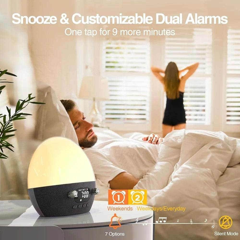 Sunrise Alarm Clock Bluetooth Speaker White Noise Machine Dual Alarms Snooze Function Dimmable Night Light Heavy Sleepers - Omega Lifestyles