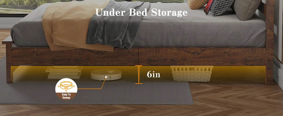 Tall Headboard Queen Bed Frame, Storage&Led Lights & Charging Station, Noise-Free/No Box Spring Needed, Metal Platform Bed Frame - Omega Lifestyles