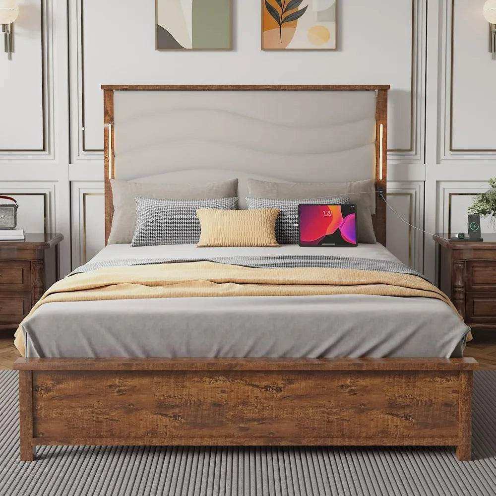 Tall Headboard Queen Bed Frame, Storage&Led Lights & Charging Station, Noise-Free/No Box Spring Needed, Metal Platform Bed Frame - Omega Lifestyles