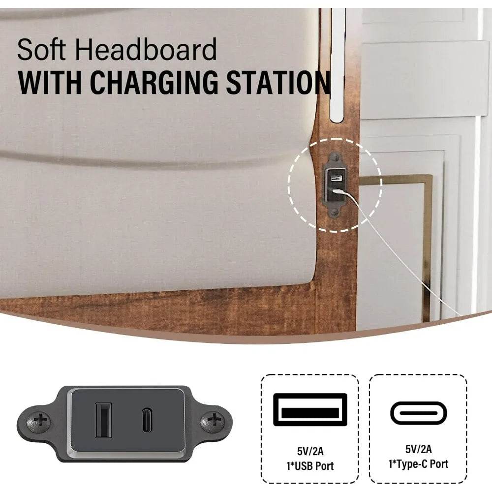 Tall Headboard Queen Bed Frame, Storage&Led Lights & Charging Station, Noise-Free/No Box Spring Needed, Metal Platform Bed Frame - Omega Lifestyles