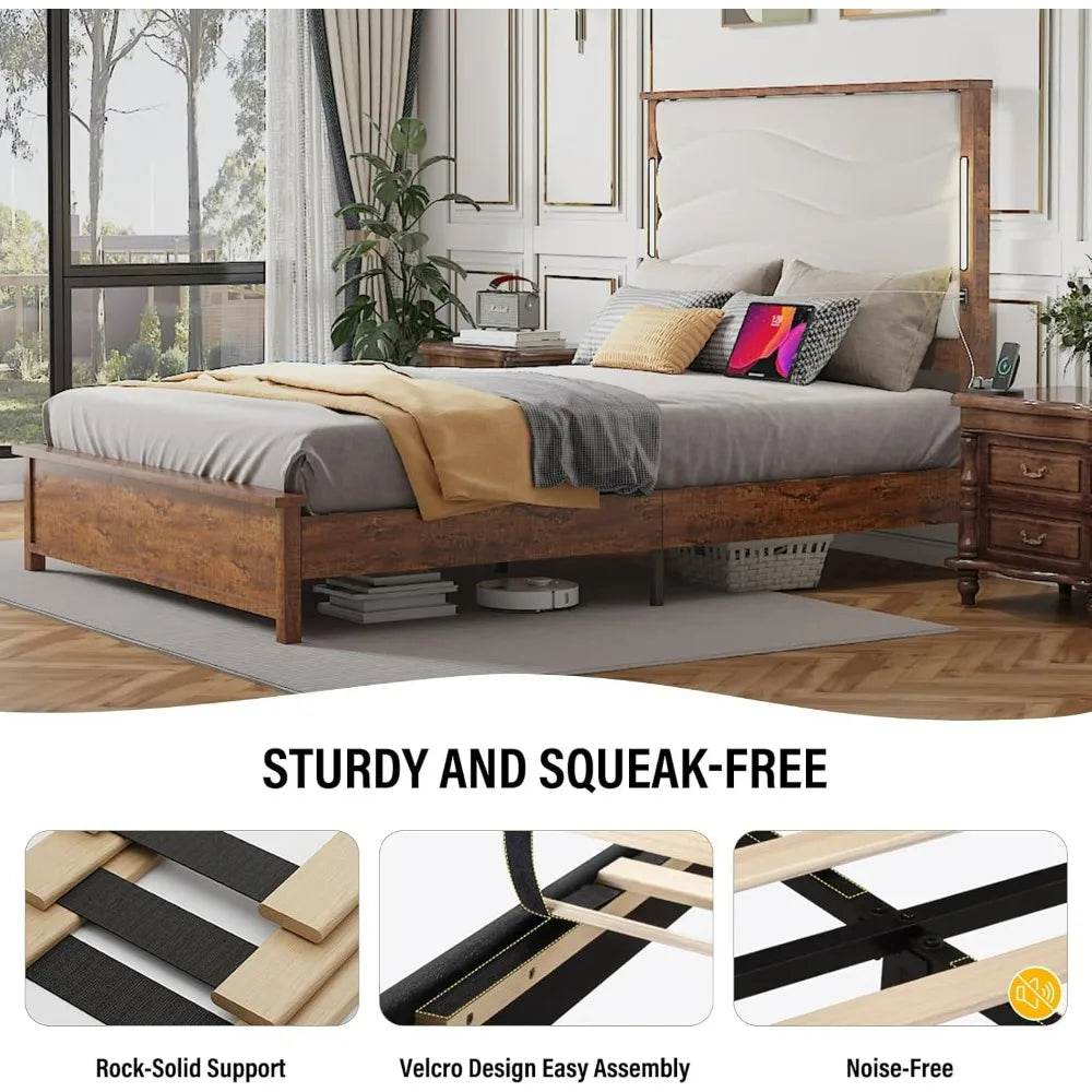Tall Headboard Queen Bed Frame, Storage&Led Lights & Charging Station, Noise-Free/No Box Spring Needed, Metal Platform Bed Frame - Omega Lifestyles