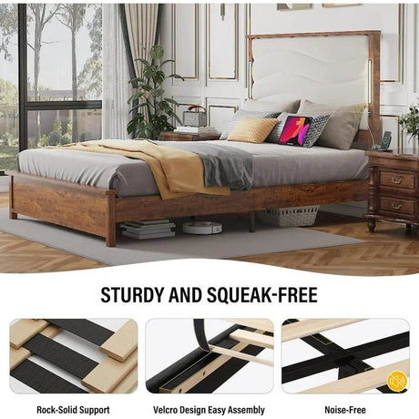 Tall Headboard Queen Bed Frame, Storage&Led Lights & Charging Station, Noise-Free/No Box Spring Needed, Metal Platform Bed Frame - Omega Lifestyles