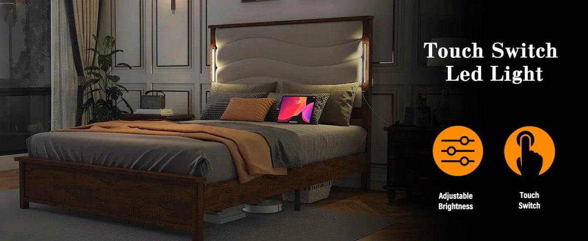 Tall Headboard Queen Bed Frame, Storage&Led Lights & Charging Station, Noise-Free/No Box Spring Needed, Metal Platform Bed Frame - Omega Lifestyles