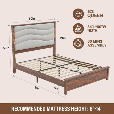 Tall Headboard Queen Bed Frame, Storage&Led Lights & Charging Station, Noise-Free/No Box Spring Needed, Metal Platform Bed Frame - Omega Lifestyles