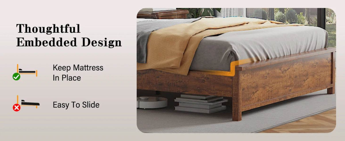 Tall Headboard Queen Bed Frame, Storage&Led Lights & Charging Station, Noise-Free/No Box Spring Needed, Metal Platform Bed Frame - Omega Lifestyles