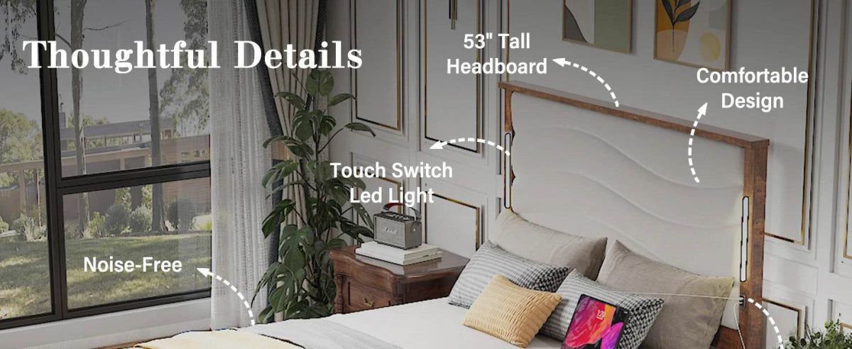 Tall Headboard Queen Bed Frame, Storage&Led Lights & Charging Station, Noise-Free/No Box Spring Needed, Metal Platform Bed Frame - Omega Lifestyles