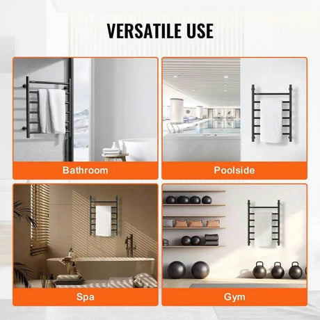 Towel Warmer Heated Rack Wall Mounted Bathroom Electric Plug in Drying 6 Bars Matte Black - Sleep Galleria