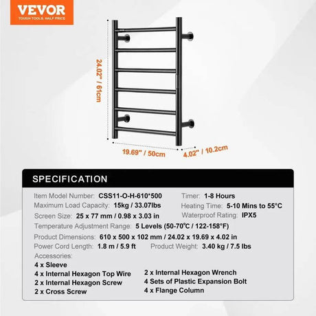 Towel Warmer Heated Rack Wall Mounted Bathroom Electric Plug in Drying 6 Bars Matte Black - Sleep Galleria