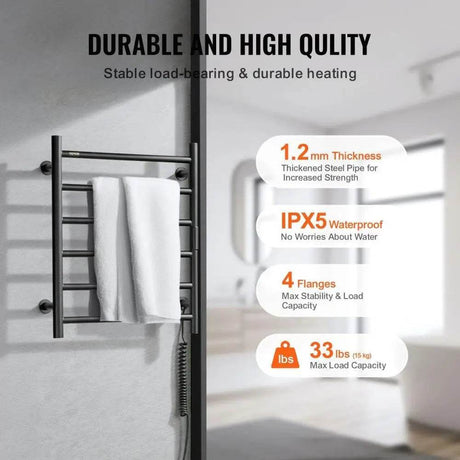Towel Warmer Heated Rack Wall Mounted Bathroom Electric Plug in Drying 6 Bars Matte Black - Sleep Galleria