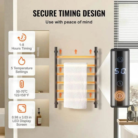 Towel Warmer Heated Rack Wall Mounted Bathroom Electric Plug in Drying 6 Bars Matte Black - Sleep Galleria