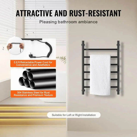 Towel Warmer Heated Rack Wall Mounted Bathroom Electric Plug in Drying 6 Bars Matte Black - Sleep Galleria