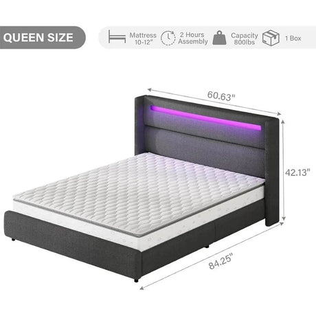 Upholstered LED Bed Frame with Wingback Headboard, Soft Boucle Queen Size Platform Bed with Mattress Foundation - Omega Lifestyles