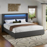 Upholstered LED Bed Frame with Wingback Headboard, Soft Boucle Queen Size Platform Bed with Mattress Foundation - Omega Lifestyles
