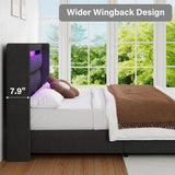 Upholstered LED Bed Frame with Wingback Headboard, Soft Boucle Queen Size Platform Bed with Mattress Foundation - Omega Lifestyles