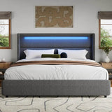Upholstered LED Bed Frame with Wingback Headboard, Soft Boucle Queen Size Platform Bed with Mattress Foundation - Omega Lifestyles