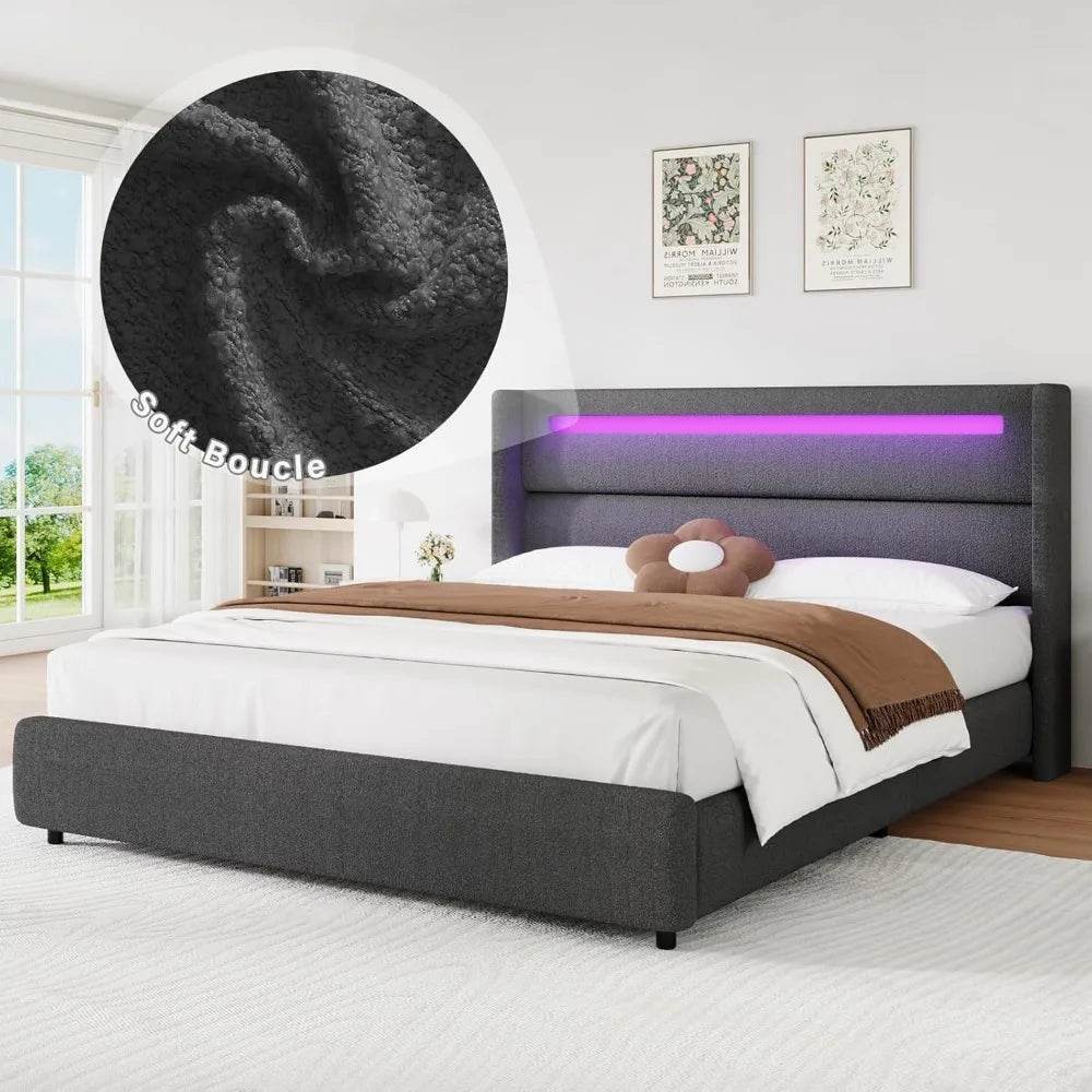 Upholstered LED Bed Frame with Wingback Headboard, Soft Boucle Queen Size Platform Bed with Mattress Foundation - Omega Lifestyles