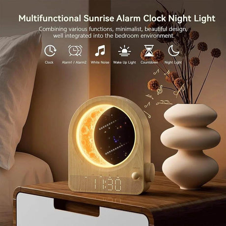Wake Up Light Sunrise Alarm Clock Dual Alarm Stepless Dimmable Moon Lamp 10 Soothing Sounds Sleep Timer Night Light - Omega Lifestyles