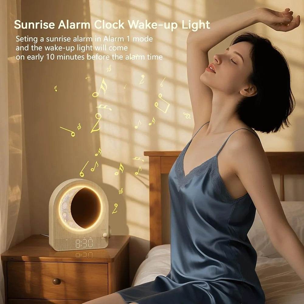 Wake Up Light Sunrise Alarm Clock Dual Alarm Stepless Dimmable Moon Lamp 10 Soothing Sounds Sleep Timer Night Light - Omega Lifestyles