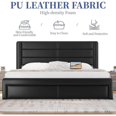 Yaheetech King Size Bed Frame with 2 USB Charging Station/Port for Type A&Type C/4 Storage Drawers, Leather Upholstered Platform - Sleep Galleria