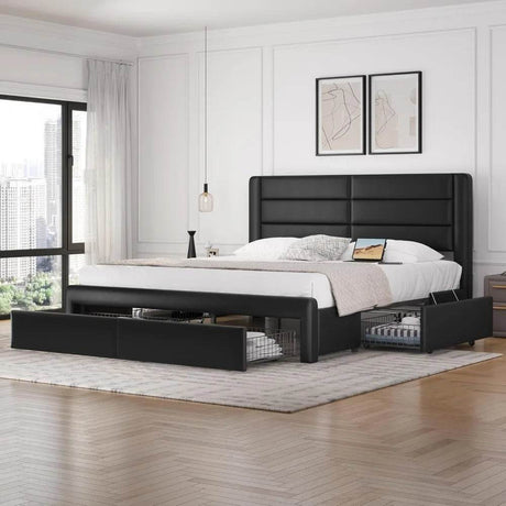 Yaheetech King Size Bed Frame with 2 USB Charging Station/Port for Type A&Type C/4 Storage Drawers, Leather Upholstered Platform - Sleep Galleria