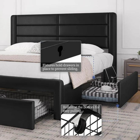 Yaheetech King Size Bed Frame with 2 USB Charging Station/Port for Type A&Type C/4 Storage Drawers, Leather Upholstered Platform - Sleep Galleria
