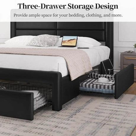 Yaheetech King Size Bed Frame with 2 USB Charging Station/Port for Type A&Type C/4 Storage Drawers, Leather Upholstered Platform - Sleep Galleria