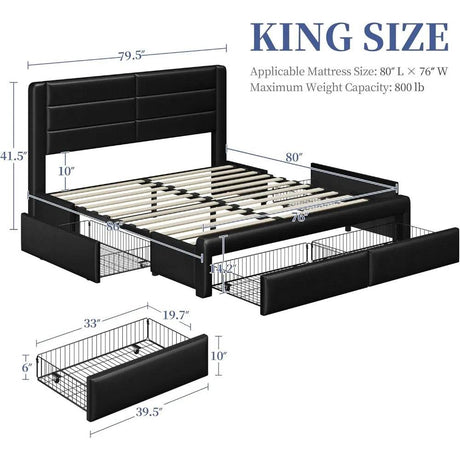 Yaheetech King Size Bed Frame with 2 USB Charging Station/Port for Type A&Type C/4 Storage Drawers, Leather Upholstered Platform - Sleep Galleria