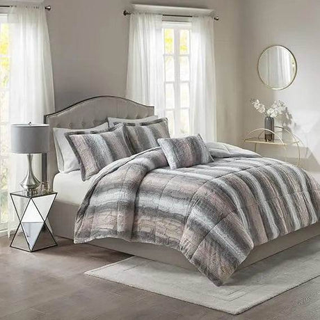 Zuri Soft Plush Comforter Set, Faux Fur Animal Stripes Design, Faux Mink On The Reverse, Modern All Season Bedding Set with Mat - Omega Lifestyles