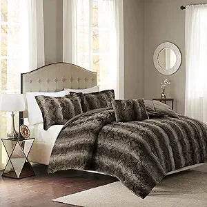 Zuri Soft Plush Comforter Set, Faux Fur Animal Stripes Design, Faux Mink On The Reverse, Modern All Season Bedding Set with Mat - Omega Lifestyles