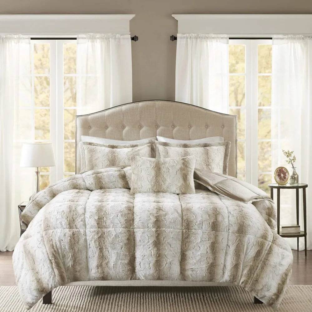 Zuri Soft Plush Comforter Set, Faux Fur Animal Stripes Design, Faux Mink On The Reverse, Modern All Season Bedding Set with Mat - Omega Lifestyles