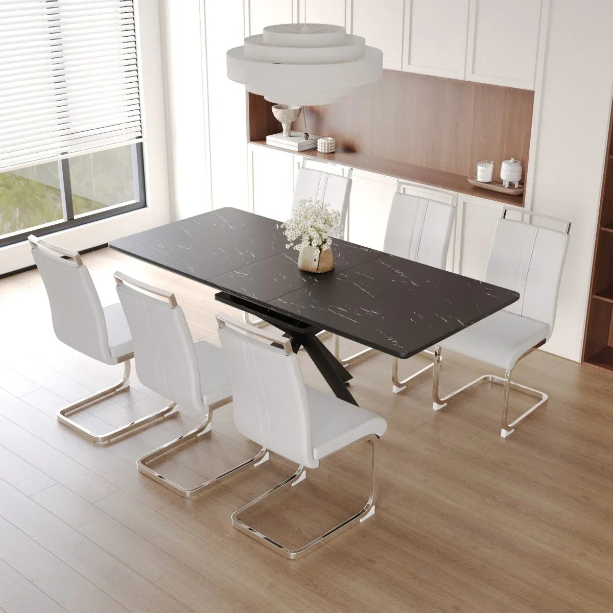 Expandable MDF Metal Dining Table Set With 6 Cushioned Chairs - Omega Lifestyles