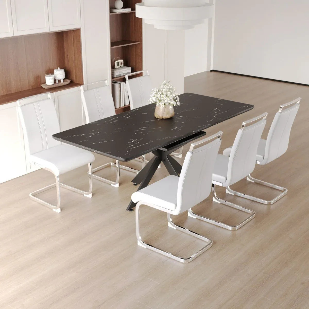 Expandable MDF Metal Dining Table Set With 6 Cushioned Chairs - Omega Lifestyles
