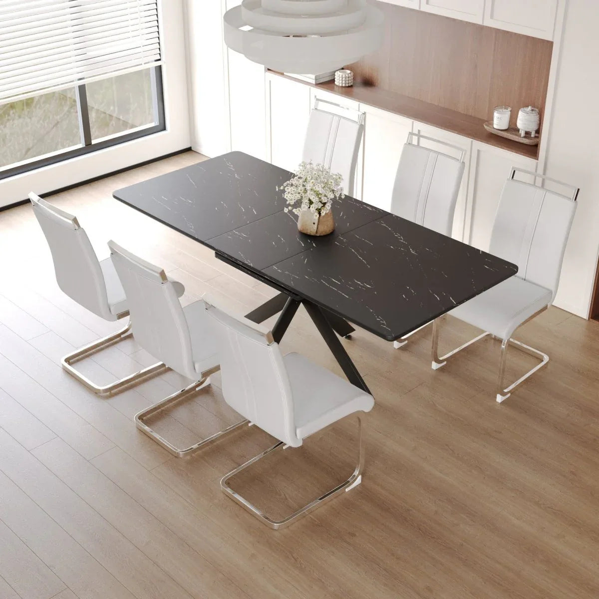 Expandable MDF Metal Dining Table Set With 6 Cushioned Chairs - Omega Lifestyles