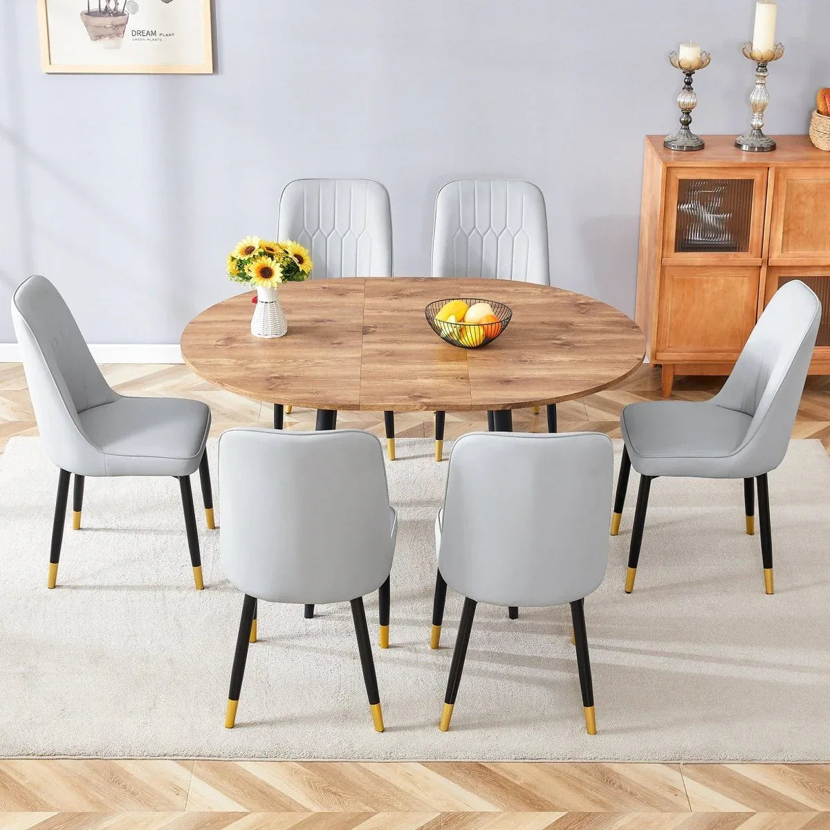 Extendable Round MDF Dining Table With Six PU Chairs - Omega Lifestyles