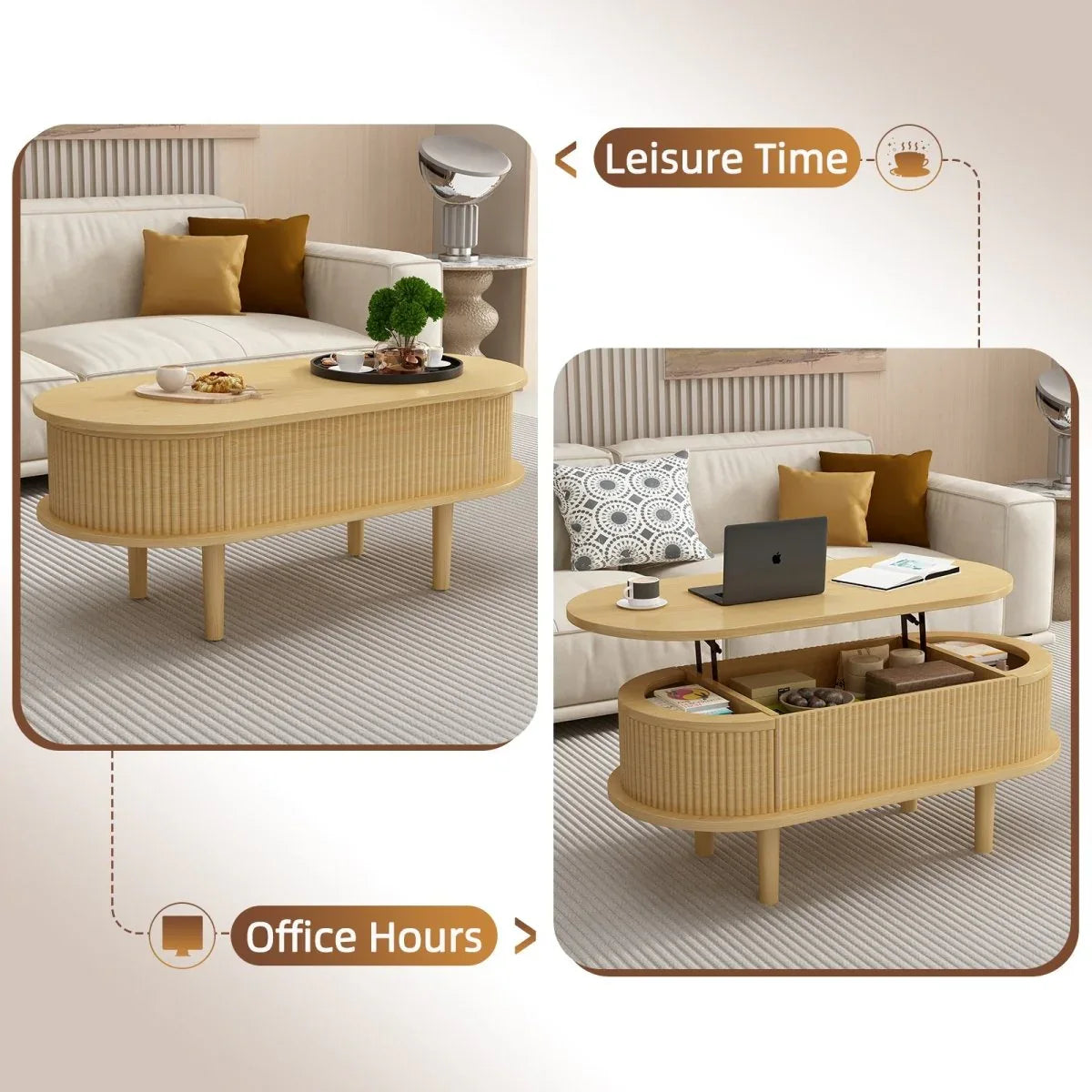 Fluted Lift Top Modern Wooden Coffee Table With Storage - Omega Lifestyles