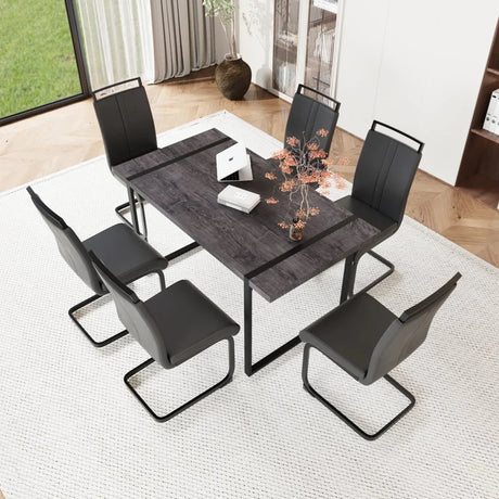 Industrial Rural MDF Dining Table And Six PU Chairs Set - Omega Lifestyles