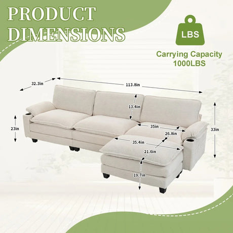Oversized Corduroy 3-Seater Sofa With Ottoman - Omega Lifestyles