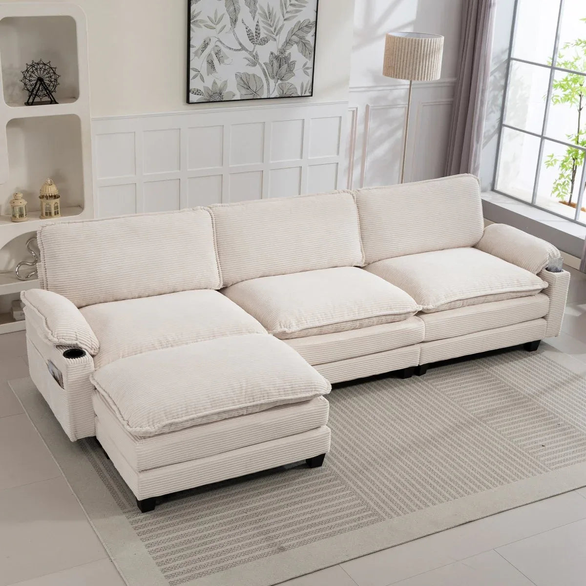 Oversized Corduroy 3-Seater Sofa With Ottoman - Omega Lifestyles