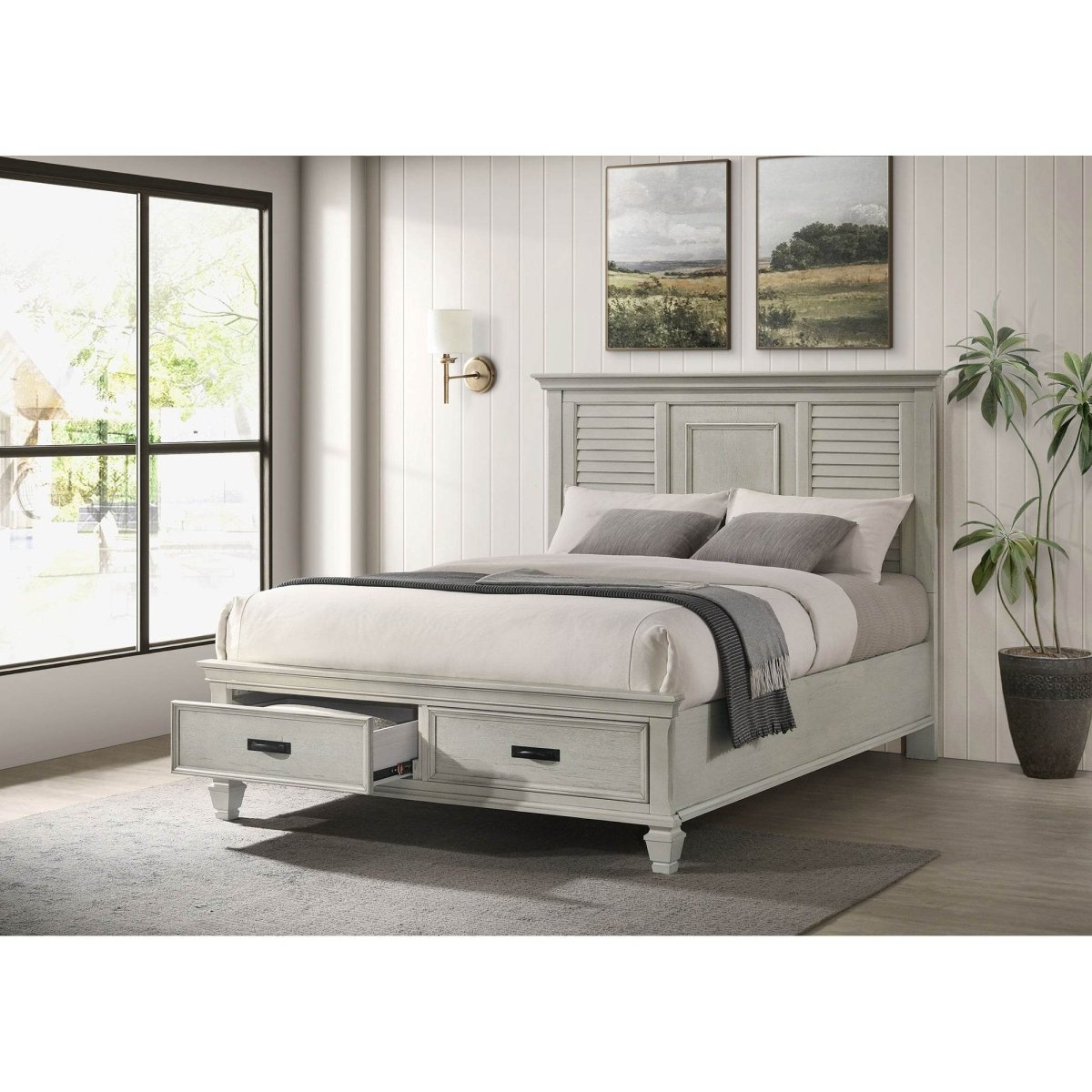 Queen Farmhouse Distressed White Wood Panel Bed Frame - Slumberine - Omega Lifestyles